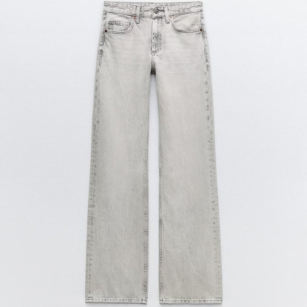 Zara Light Gray Full Length TRF Mid-rise Wide Leg Jeans